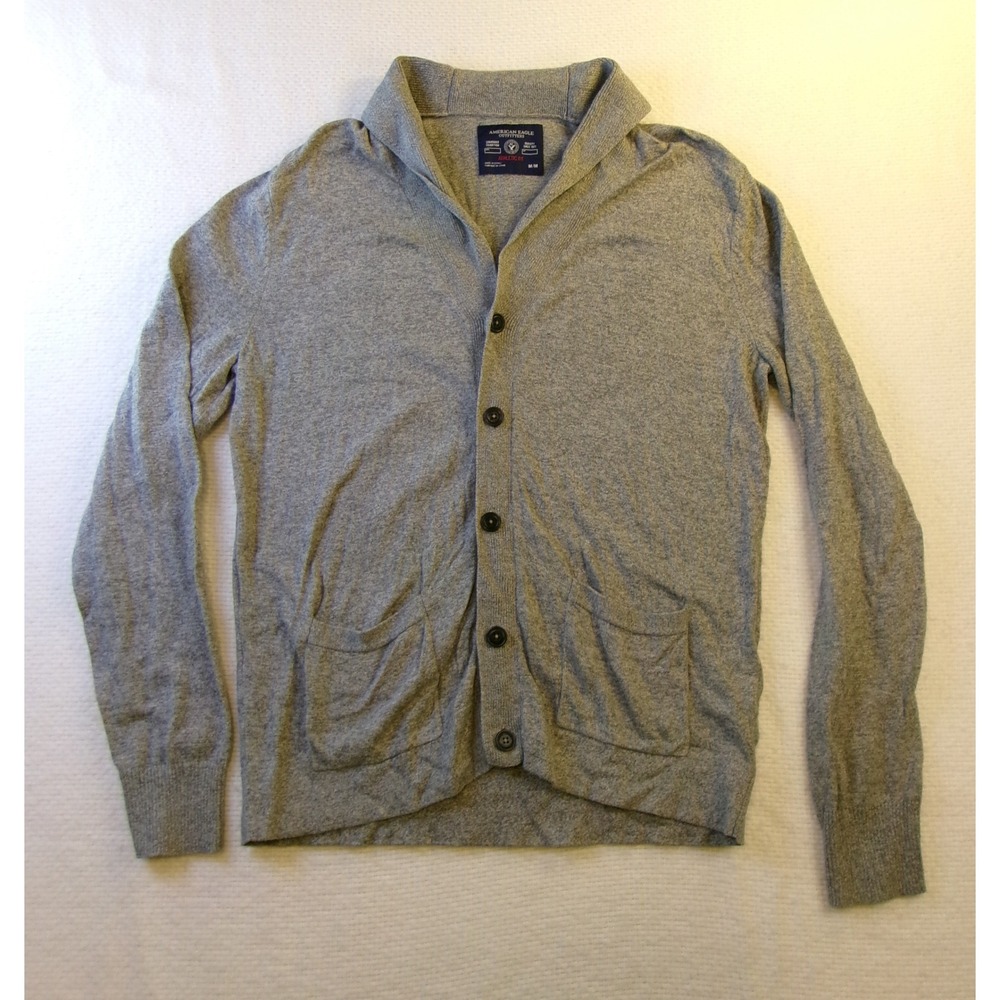 American Eagle Gray Shawl Collar Cardigan Sweater Mens Medium Ath. Fit Cotton